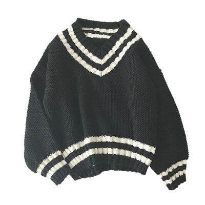 

Autumn Winter Pullovers Pull Femme Striped Patchwork V Neck Sweater Casual Long Sleeve Loose Sweaters For Warm Knitted Jumper