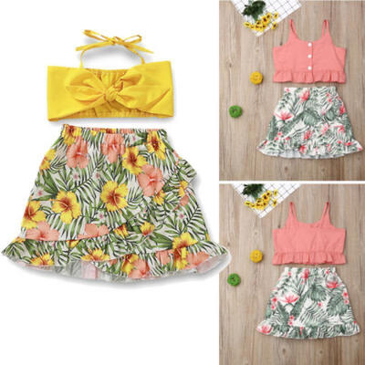 

US Summer Clothes Kids Baby Girl Bow Sleeveless Tops Flower Skirts Dress Outfits