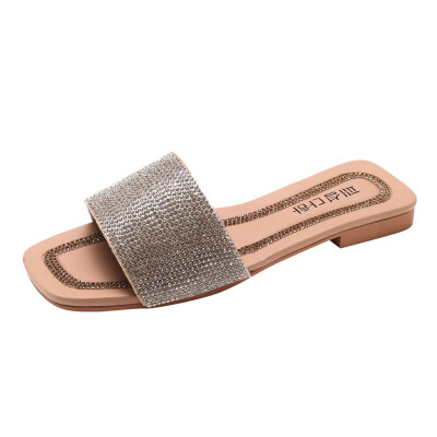 

Rose Womens Fashion Casual Square Toe Crystal Outdoor Flat Slippers Ladies Shoes