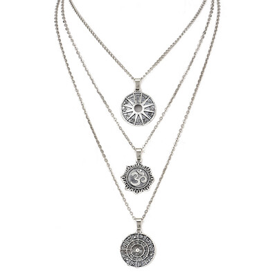 

Tocona One Piece Bohemia Fashion Necklace Silver For Women Multi-layer Round Carved Pandents Long Necklace Fashion Jewelry 5379