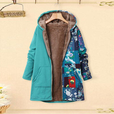

Toponeto Plus Size Women Winter Warm Printed Pockets Thicker Zipper Hooded Coat Outwear