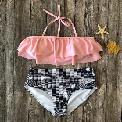 

Women Two Piece Bikini Set Solid Polka Dot Floral Print Halter Neckline Ruffle High Waist Sexy Bathing Suit