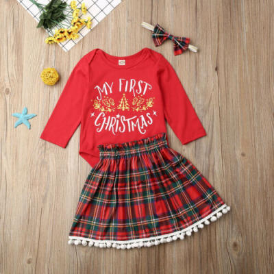 

3pcs Kids Baby Girl My First Christmas Romper Plaid Skirt Dress Outfits Xmas Set