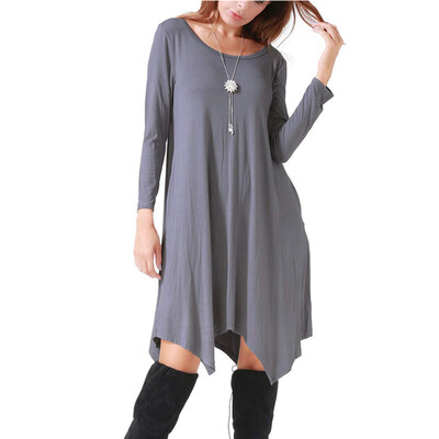 

Women Round Neck Long Sleeve Dress Medium Long Irregular Dress Irregular Hem Casual Dress