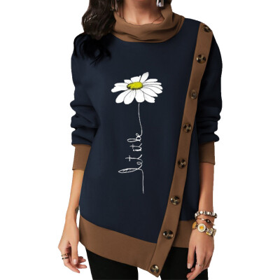 

Women Fashion Sweatshirt Flower Print Long Sleeve Foldover Collar Irregular Buttons Sweatshirt Women Casual Top