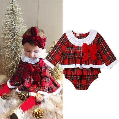 

Xmas Toddler Baby Girl Christmas Romper Dress Bodysuit Plaid Outfit Clothes