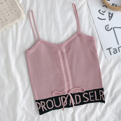 

Womens Sexy Drawstring Letter Print Sleeveless Pullover Knitted Crop Top Camisole