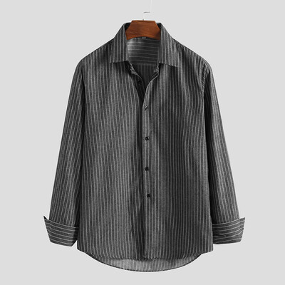 

Toponeto Men Ethnic Style Striped Slim Long Sleeve Dress Shirt Blouse Tops