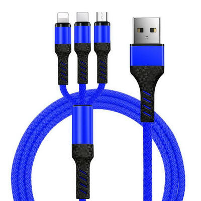 

3 In 1 Micro USB Data Cable Portable Universal Nylon Cord Fast Charging Line For Mobile Phones-1m
