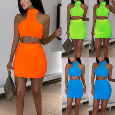 

Womens Summer 2 Piece Crop Top Shirt Vest Skirt Dress Set Beach Holiday Jumpsuit