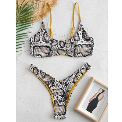 

Roseonmyhand Women Snake Skin High Cut V Neck Two Pieces Bikini Swimwear Swimsuit Beachwear