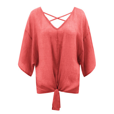 

Womens T Shirts Bat Sleeves Female T-Shirt V-neck Knotted Tops Summer Autumn T Shirts