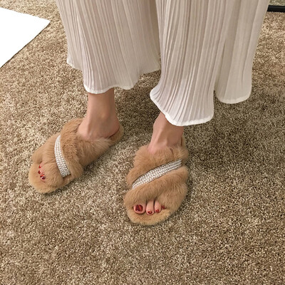 

Fairy wind slippers wear autumn Joker Pearl rhinestone Mao Mao drag flat bottom drag tide