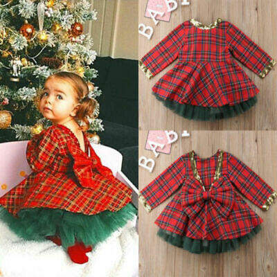 

US Seller Baby Girls Christmas Clothes 2Pcs Red Grid Bowknot Dress Outfits Set