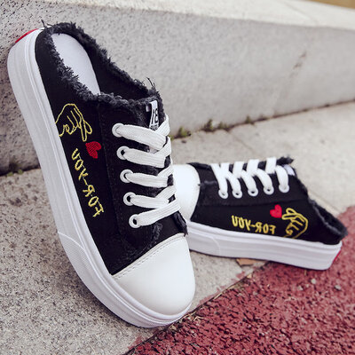 

Canvas shoes female students Korean version of Joker small white shoes with no heel loafers half slippers women flat-bottomed shoe