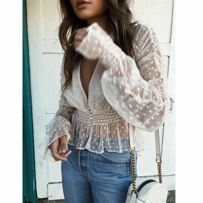 

Women Girls Lace Top Long Sleeve V Neck Transparent T-Shirt Blouse Tee Tops