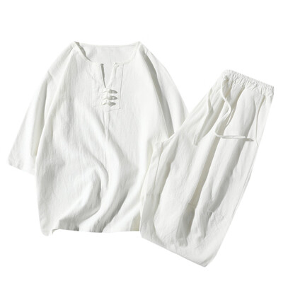 

Toponeto Summer Fashion Mens Cotton And Linen Short Sleeve Shorts Set Suit Tracksuit