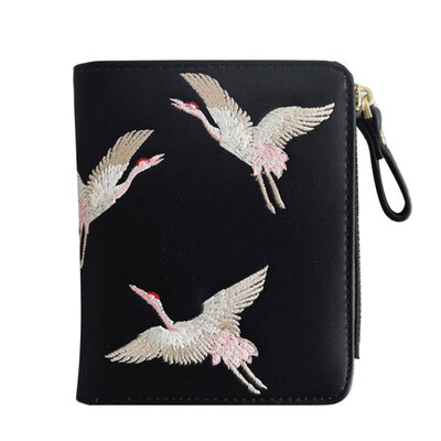 

Fashion Crane Embroidery Women Mini Wallet Short Purse Zipper Coin Card Holder