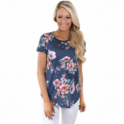 

Round neck short sleeve floral print tube casual top T-shirt