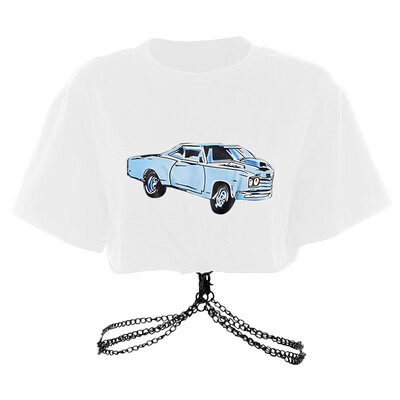 

Sexy Personality Leaking Print T-shirt Fashion Trend Chain Decoration Short Womens T-shirt