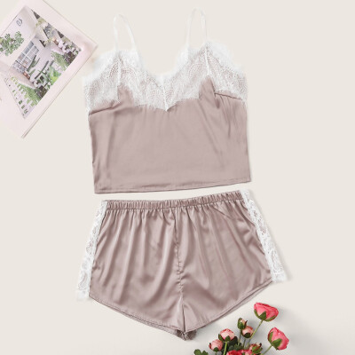 

Gobestart New Fashion Women Lace Satin Wireless Bra Camisole Pajamas Sleepwear Shorts Set