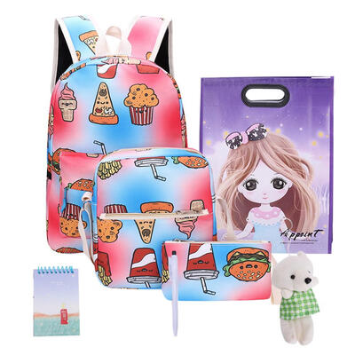 

7pcsSet Unisex Food Print Canvas Backpacks Travel Stationery Shoulder Bags