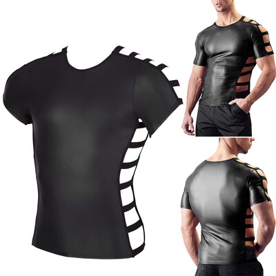 

Mens Sexy Erotic Black Tight-fitting Short Sleeve Nightclub Stage Costumes Tops