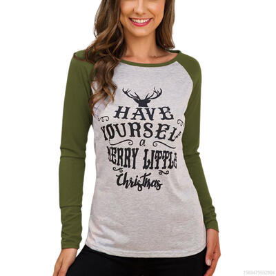 

Women Christmas T-shirt Letter Printed Round Neck Long-sleeved Large Size Loose T-shirt