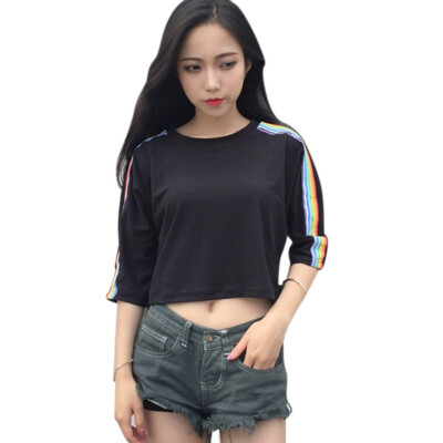 

Summer T-shirt Women Lady Cropped Top Rainbow Printed Top Loose T-shirts For Women