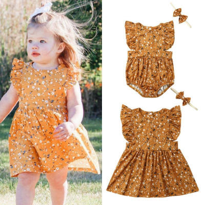 

Summer Toddler Kids Baby Girls Floral Clothes Romper Dress Headband Outfits Set Fit For 0-6Y