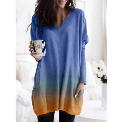 

Sexy V-Neck Gradual Change Women Long T-Shirt Loose Casual Pocket Long Sleeve Women Top