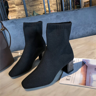 

Square-headed elastic sock boots thick-heeled womens short boots high-heeled knitted wool thin boots in spring&autumn Eur