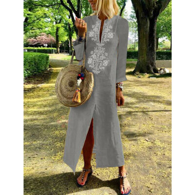 

Womens Fashion Kaftan Cotton Linen Long Sleeve Casaul Maxi Long Shirt Dress