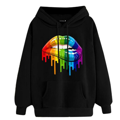 

Autumn Winter Fashion Casual Women Rainbow Candy colors Lip print Loose Hooded Long sleeve Sweatshirt