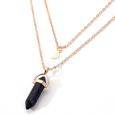 

Womens Double Layer Moon&Hexagonal Crystal Pendant Necklace