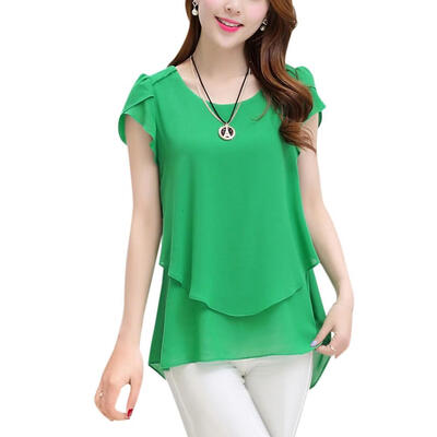 

Women Chiffon Summer T-Shirt Versatile Round Collar Loose Solid Color Short-Sleeved Casual Wild Tops