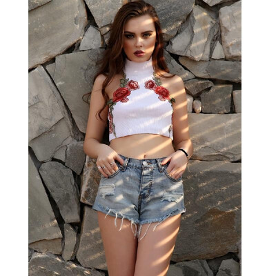 

Women Sexy Crop Top Backless Camis Halter Embroidery Nightclub Party Short Tank Top BlackWhite