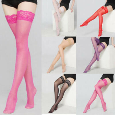 

Elastic Knee High Black Red Thigh Socks Sheer Hollow Lace Top Stockings