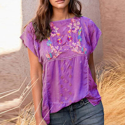 

Starmoon Women Vintage Embroidery Summer Print T-Shirt O-Neck Short Sleeve Top Blouse