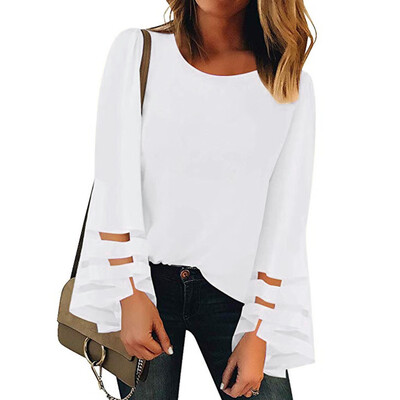 

Starmoon Womens V Neck Mesh Panel Blouse Long Sleeve O Neck Casual Loose Top Shirt
