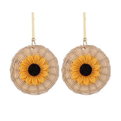 

Boho Sunflower Rattan Woven Round Pendant Statement Women Stud Earrings Jewelry