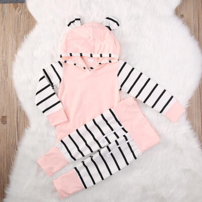 

Cute Newborn Toddler Baby Girls Hoodie Stripe TopLong Pants Outfits Clothes Set NEW