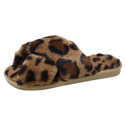 

Rose Women Warm Leopard Plush Soft Slippers Indoors Anti-slip Floor Bedroom Shoes