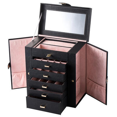 

Huge Black Jewelry Box With Mirror Girl Necklace Ring Storage Lockable Case