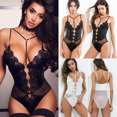 

Women Sexy Deep Plunge Lace Bodysuit Leotard Top Meshing Sheer Body Lingerie
