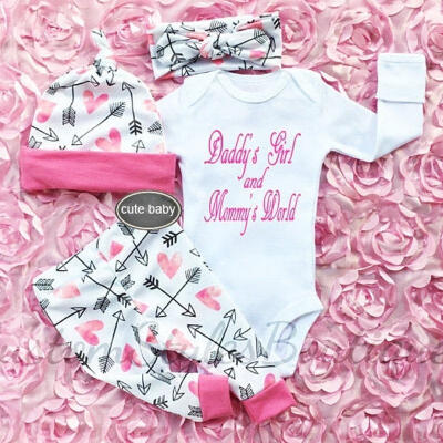 

0-18M Lovely Newborn Baby Daddy&39s Girl&Mommy&39s World RomperArrow And Love Heart Printed Long Pants 4PCs O