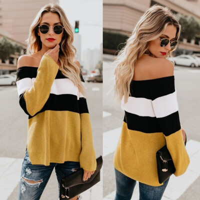 

〖Follure〗Womens Off Shoulder Sweater Roundneck Long Sleeve Knit Sweater Pullover Tops