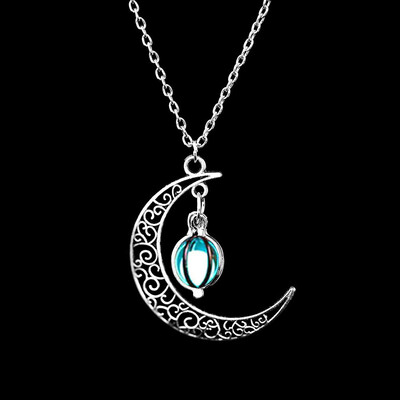 

2019 Moon Glowing Necklace Gem Charm Jewelry Silver Plated Women 4 Colors Stone Beads Pendant Hollow Luminous Necklace Gifts