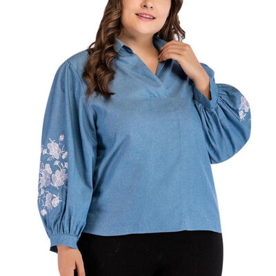 

Women Casual Blue Flowers Embroidered Print Jacket Denim Long Sleeve Female Girl Casual Plus Size