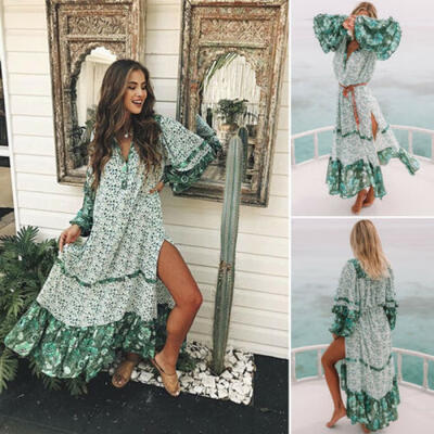 

Womens Summer Boho Floral Long Sleeve Long Maxi Dress Party Beach Sundress USA